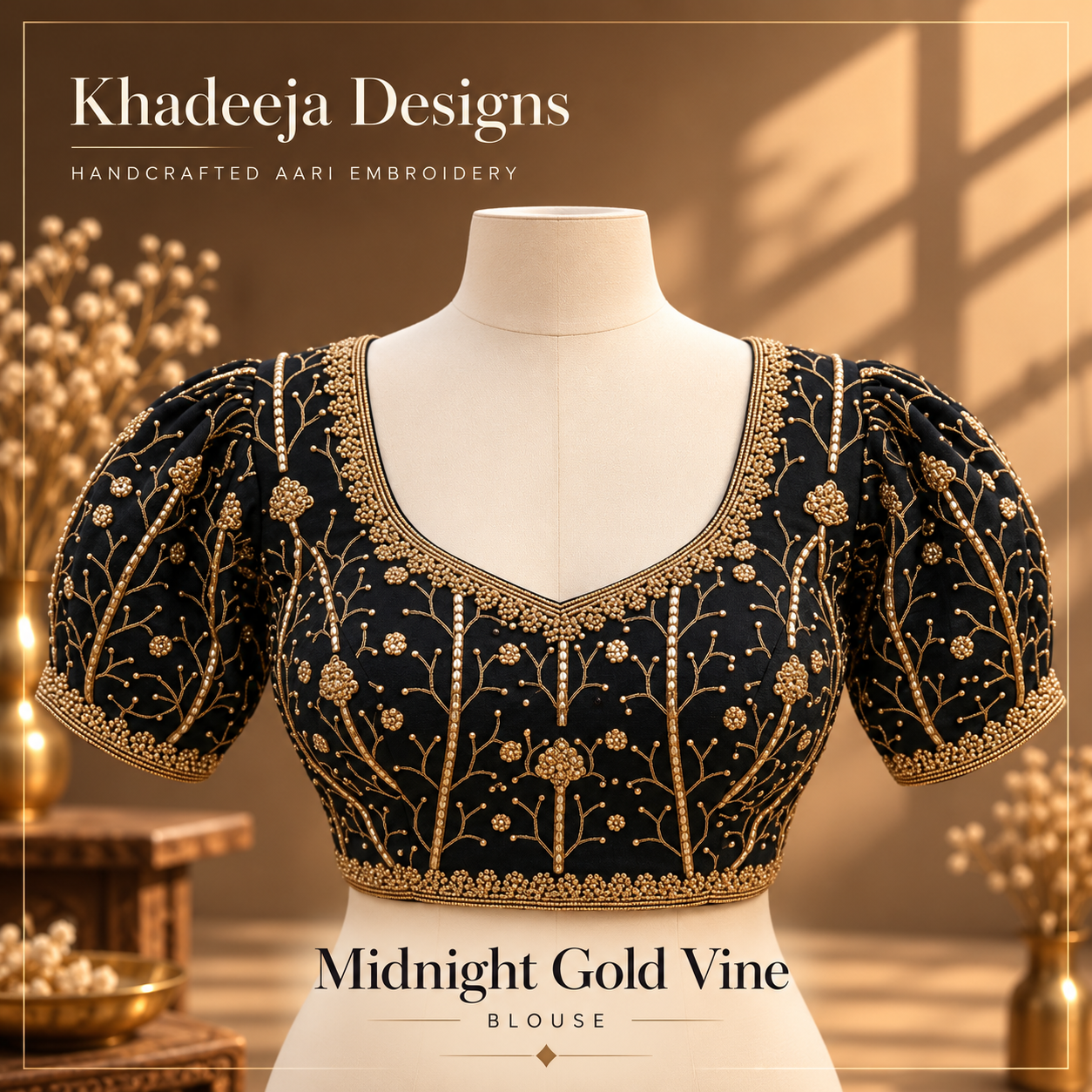 black with antique-gold vine and floral embroidery bridal Aari embroidered blouse design